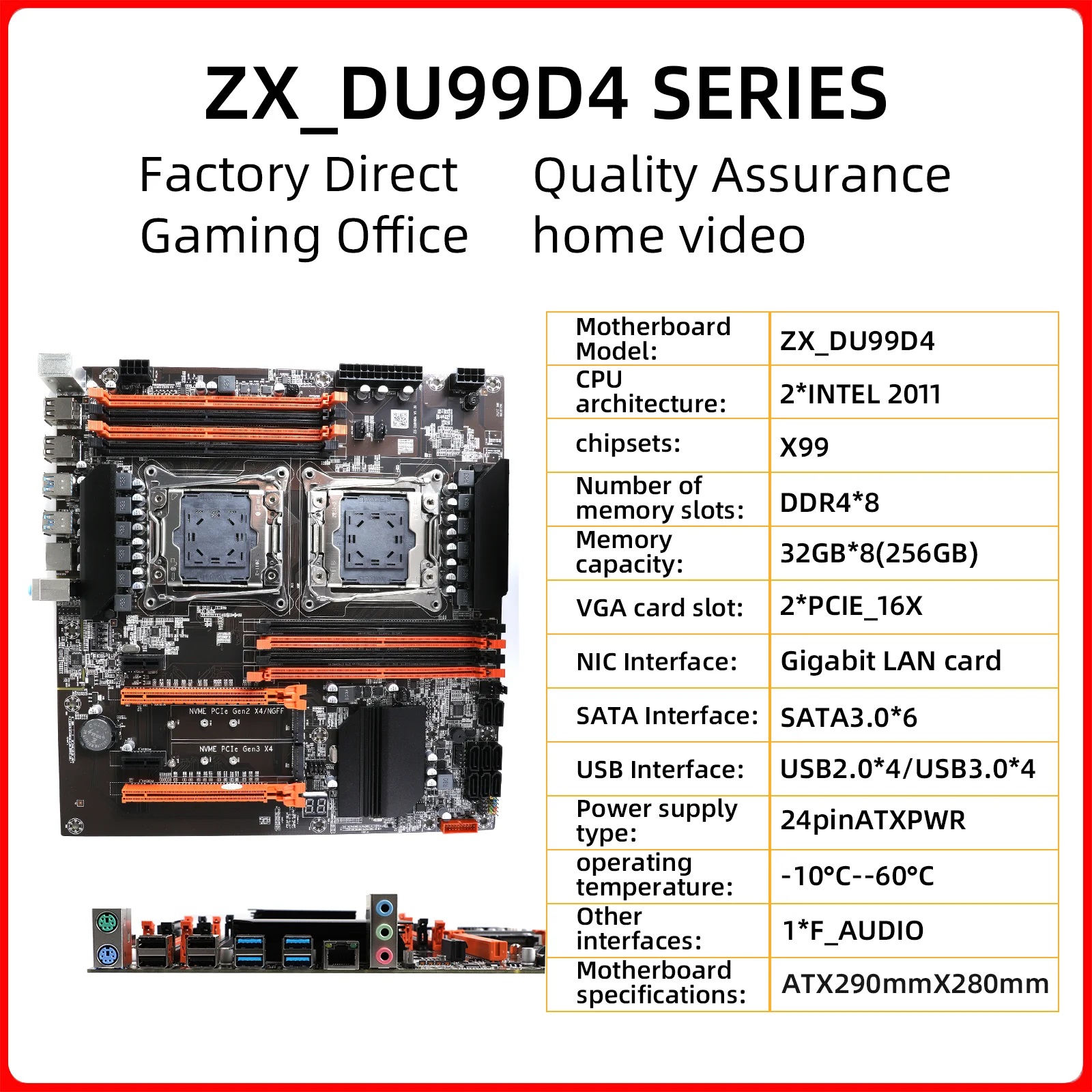 X99 Dual CPU Motherboard, ZX-DU99D4X8, V1.1 Slot, Intel X99 Chip