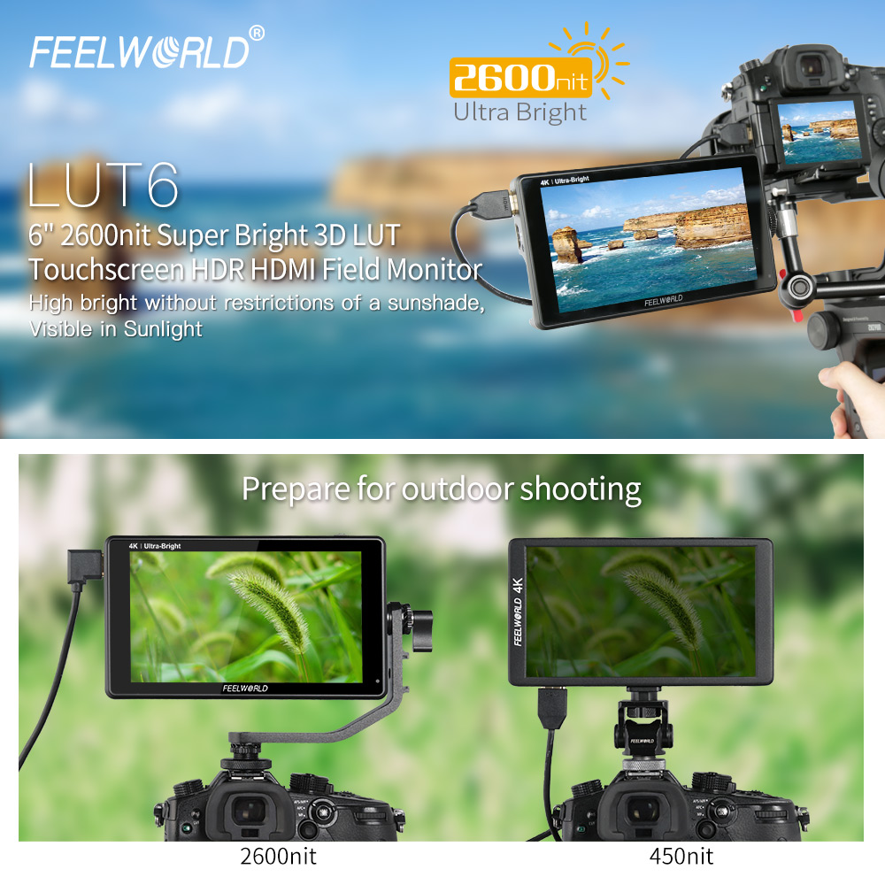 FEELWORLD LUT6 6 Inch 2600nits HDR 3D LUT Touch Screen on Camera