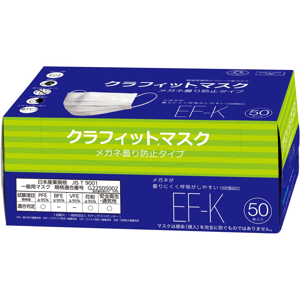 2-8219-24 クラフィットマスク メガネ曇り防止タイプ 1箱(50枚入) EF-K