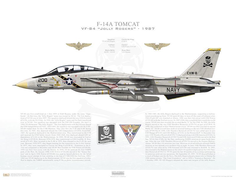 Aircraft profile print of F-14A Tomcat VF-84 Jolly Rogers, AJ200