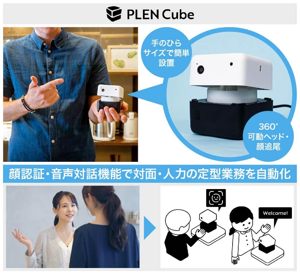 PLEN Robotics、小型顔認証AI接客ロボット「PLEN Cube」で対人サービス