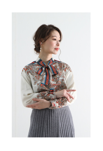 レディース 大人 上品 スカーフ柄長袖ボウタイブラウス mode-2644