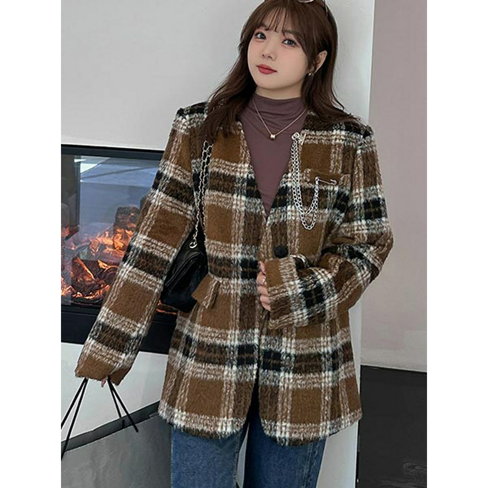 胸ポケットにピンブローチ付き！チェック柄ノーカラージャケット