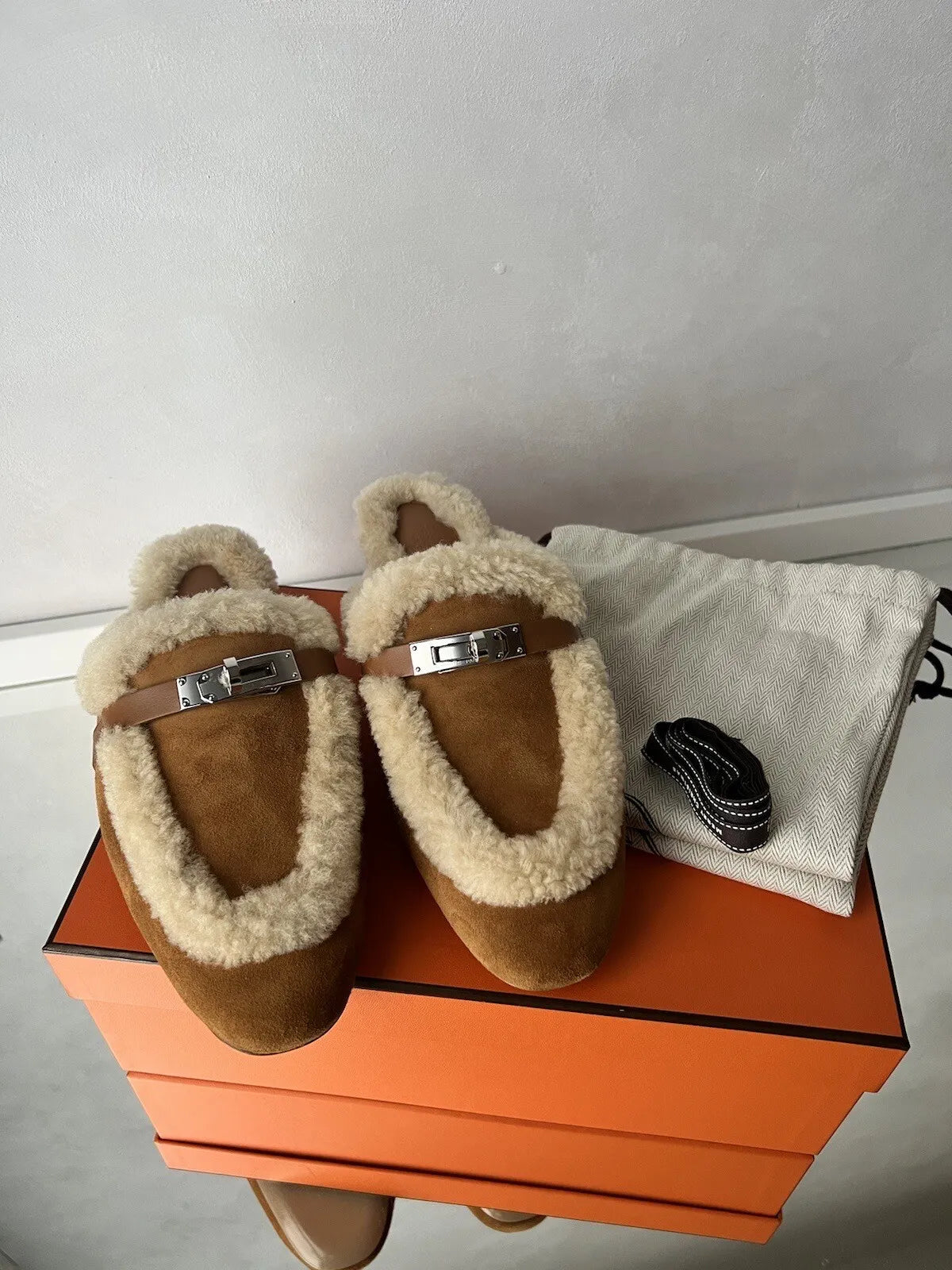 Hermes Oz Mule Shearling Naturel Suede/calfskin Palladium Hardware Siz