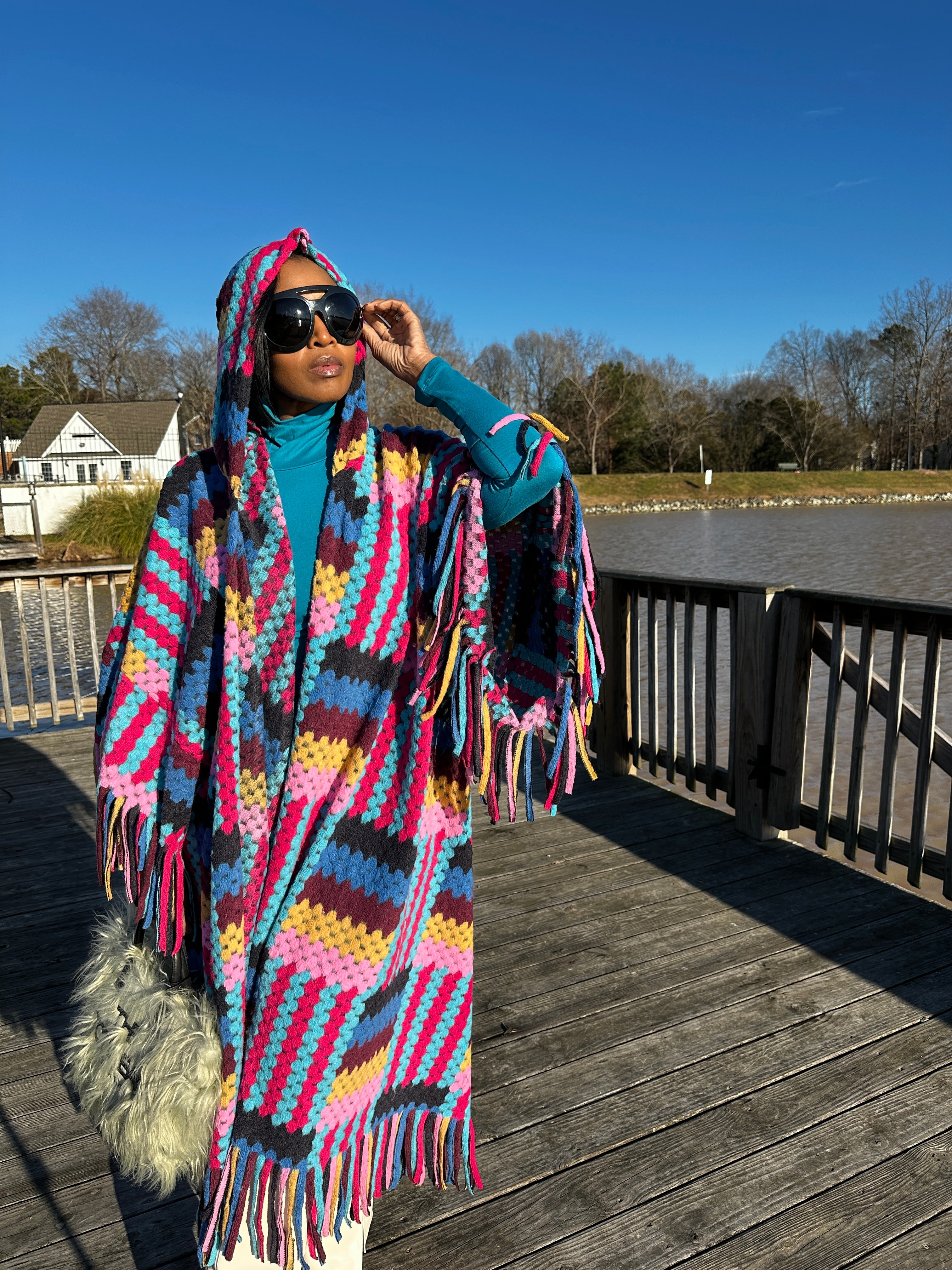 Kimono Coat – Rio Hooded Crochet Open-Front | Pink Black Turquoise