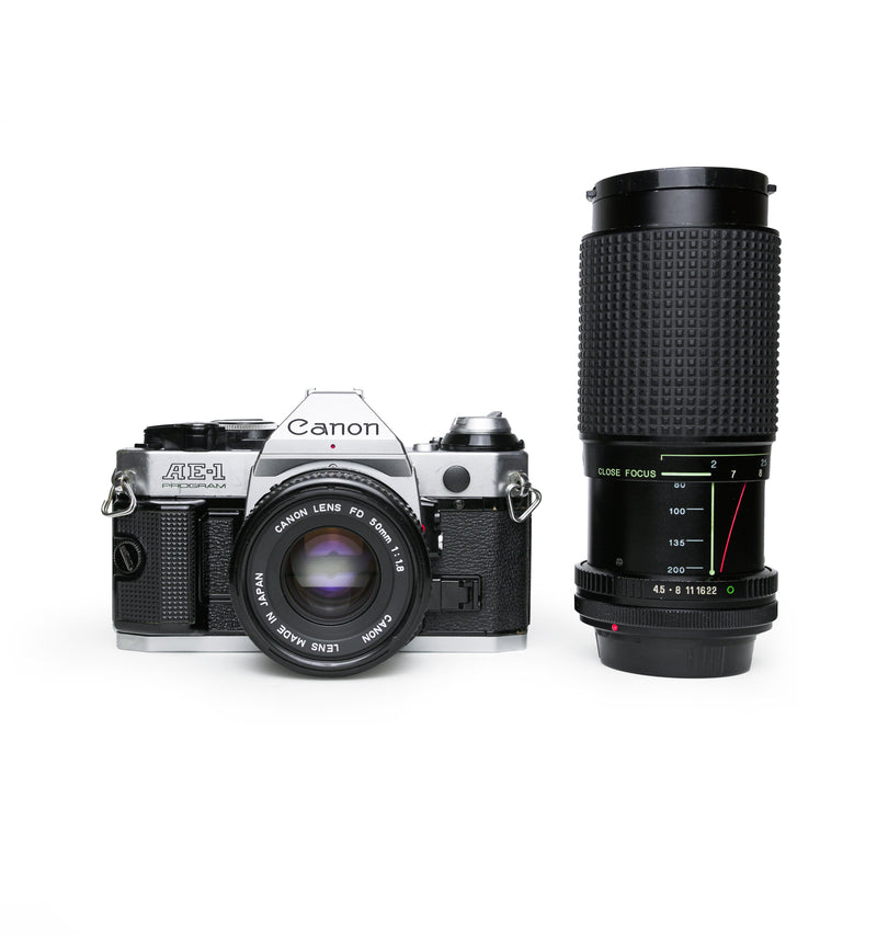 Canon AE-1 Program 35mm SLR Film Camera Set with 50mm & 80-200mm