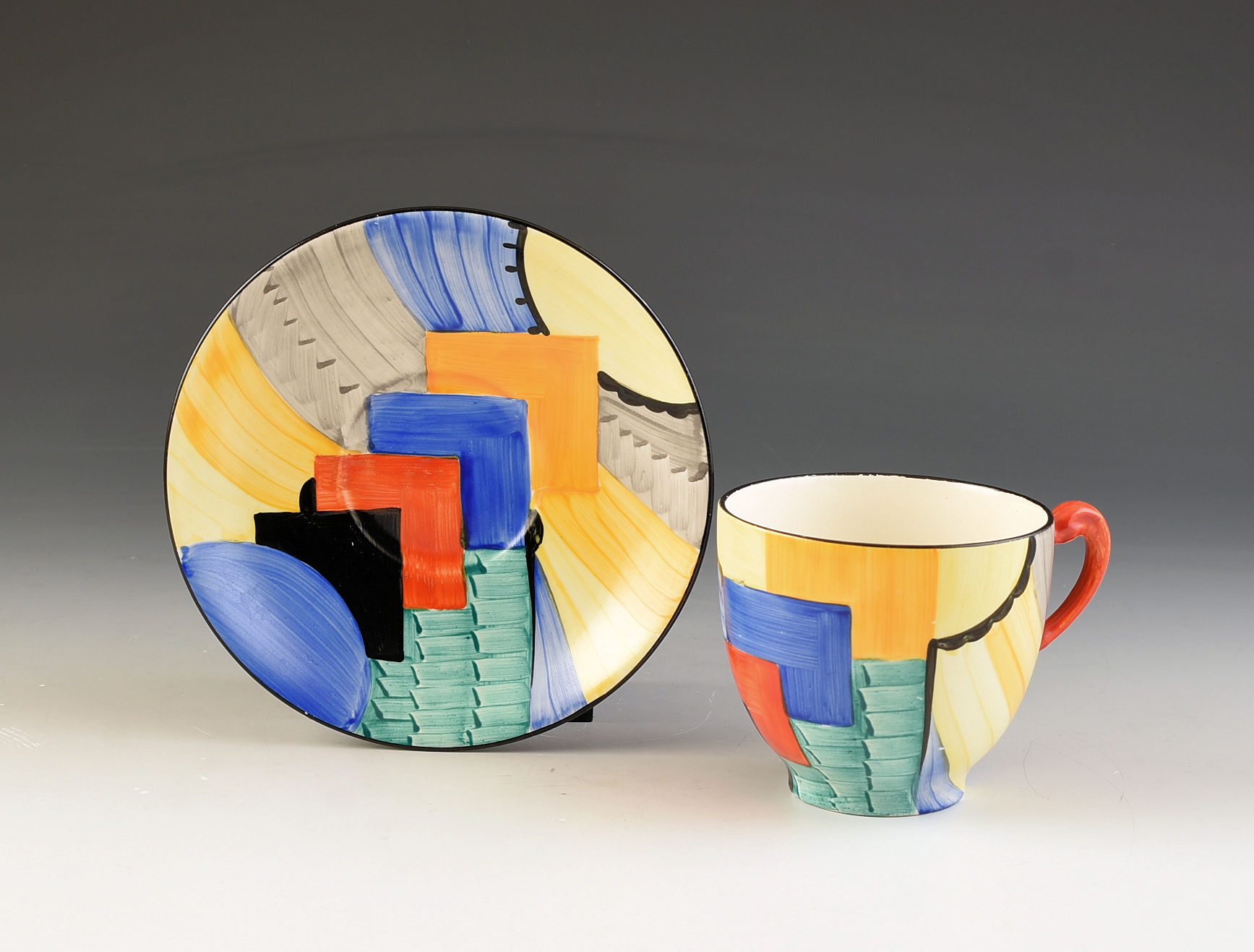 susie cooper #8071 CUBIST TEACUP & SAUCER C.1930
