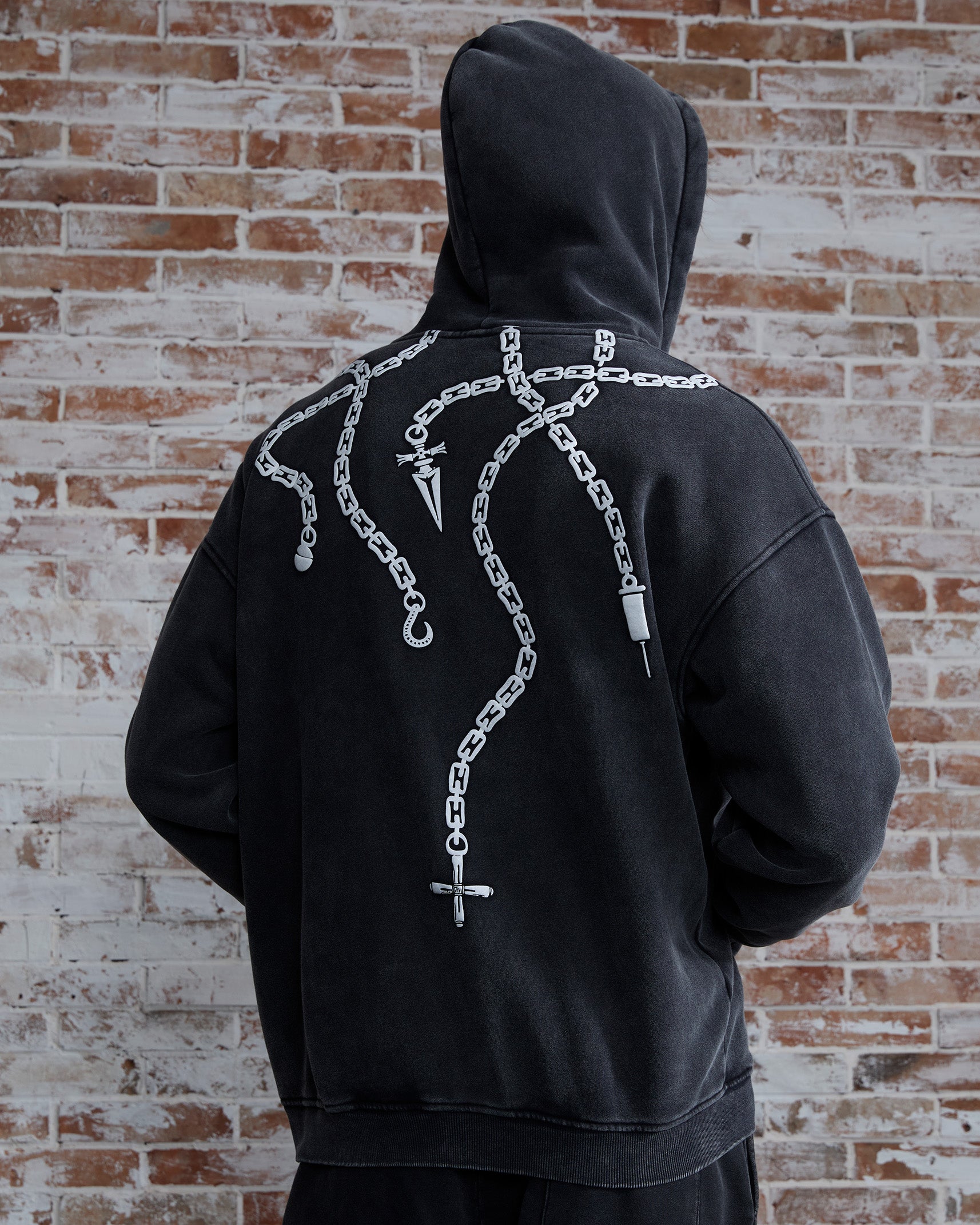 Chains Zip-Up Hoodie | Heavyweight Washed Black Streetwear