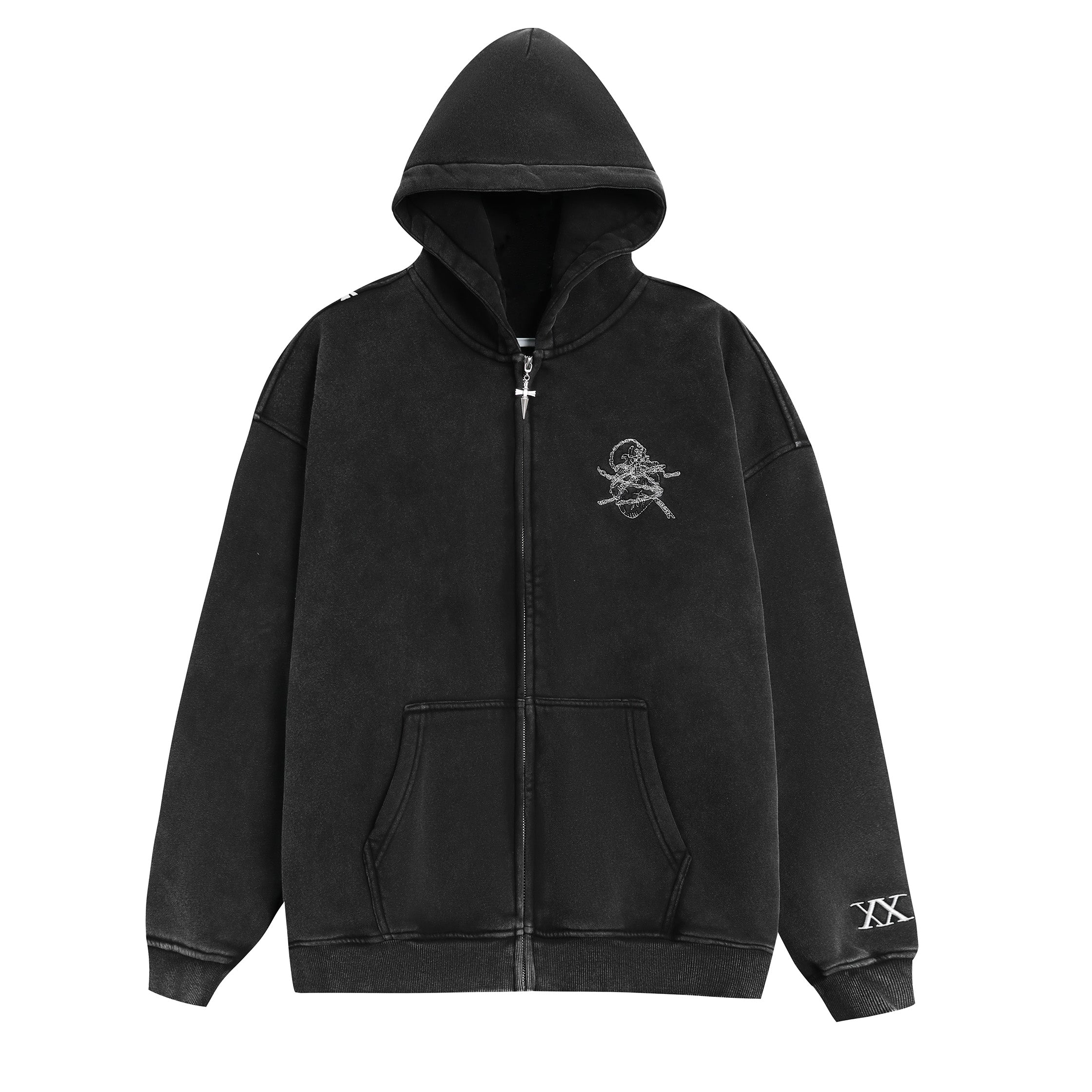 Chains Zip-Up Hoodie | Heavyweight Washed Black Streetwear