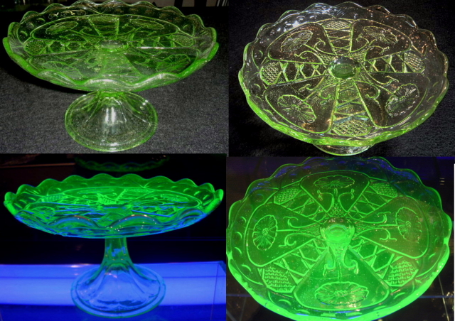 昭和レトロ プレスガラス ウランガラス グリーンコンポート 【AJ0105