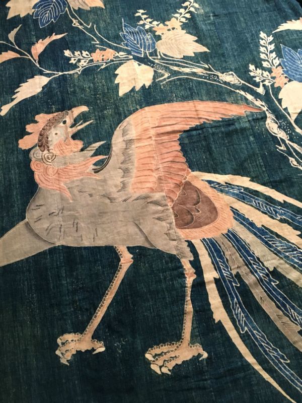 古布 藍染木綿 桐に鳳凰 筒描き 5巾 藍染グリーン - 生活骨董と古布の