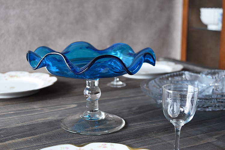 大正ガラス ブルーコンポート 吹きガラス - 生活骨董と古布の