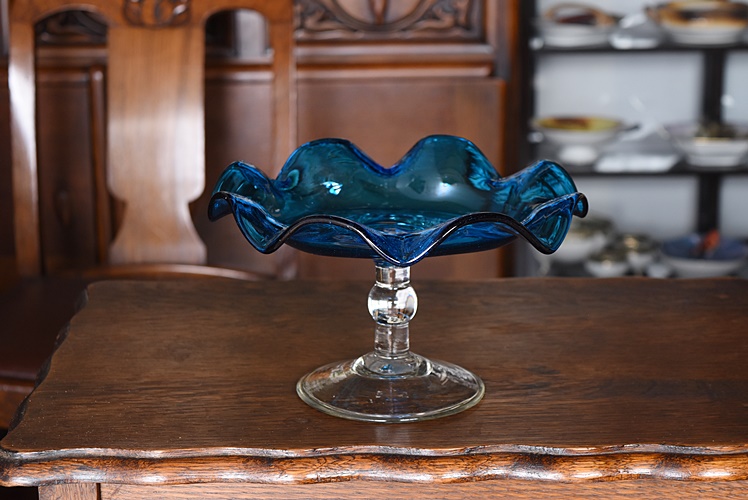 大正ガラス ブルーコンポート 吹きガラス - 生活骨董と古布の