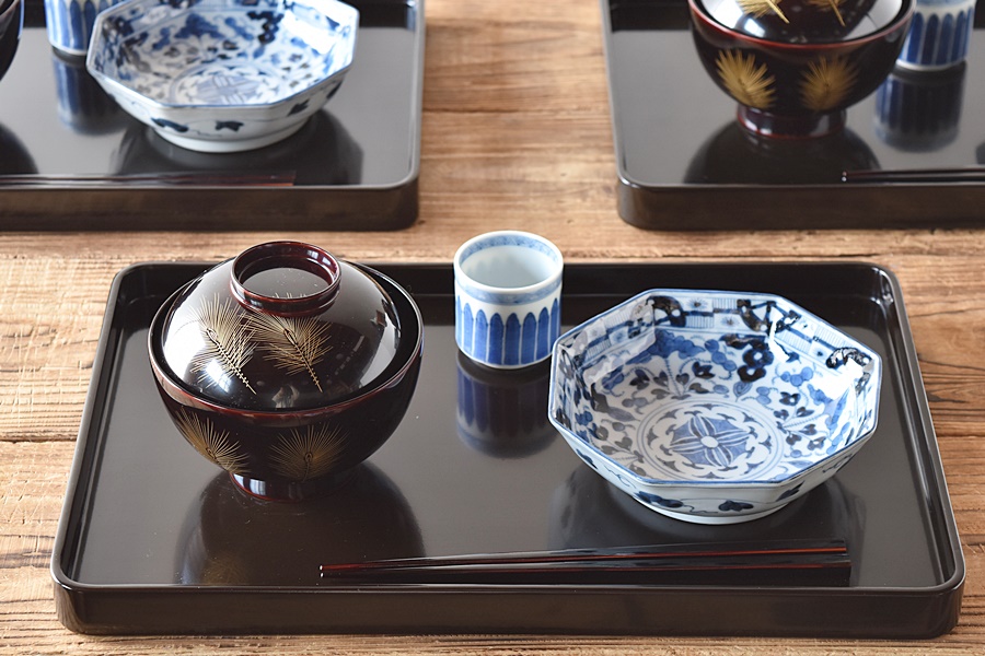 在銘 輪島塗 溜塗 沈金蒔絵 芽松 吸物椀 5客セット 西村國峰 - 生活