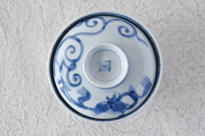古伊万里手描き江戸期江戸時代幕末骨董品龍の図蓋付き飯碗5客