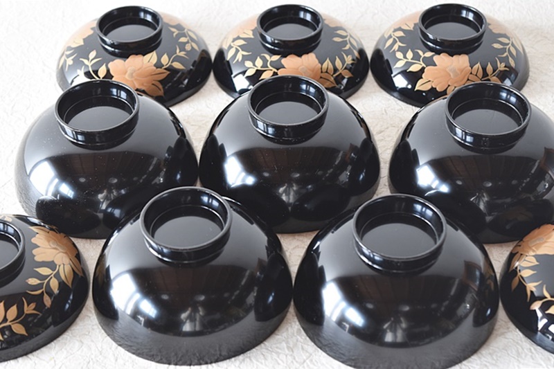 天然木製漆塗 黒塗り金蒔絵 椿蒔絵吸物椀 見返し図有 5客セット - 生活