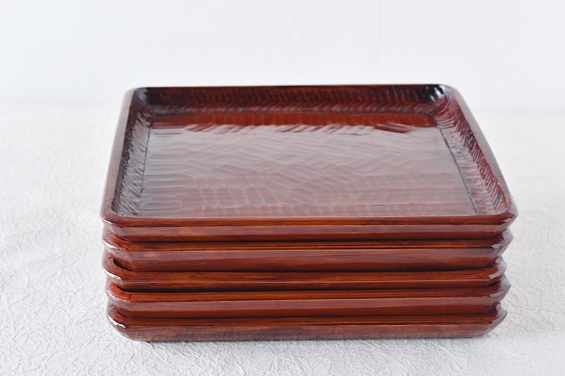 天然木製漆塗 讃岐彫 刳り貫き盆 会席膳 5客セット - 生活骨董と古布
