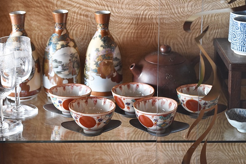 九谷 赤玉瓔珞模様 茶器 ぐい吞み 5客セット（内1客ひびあり