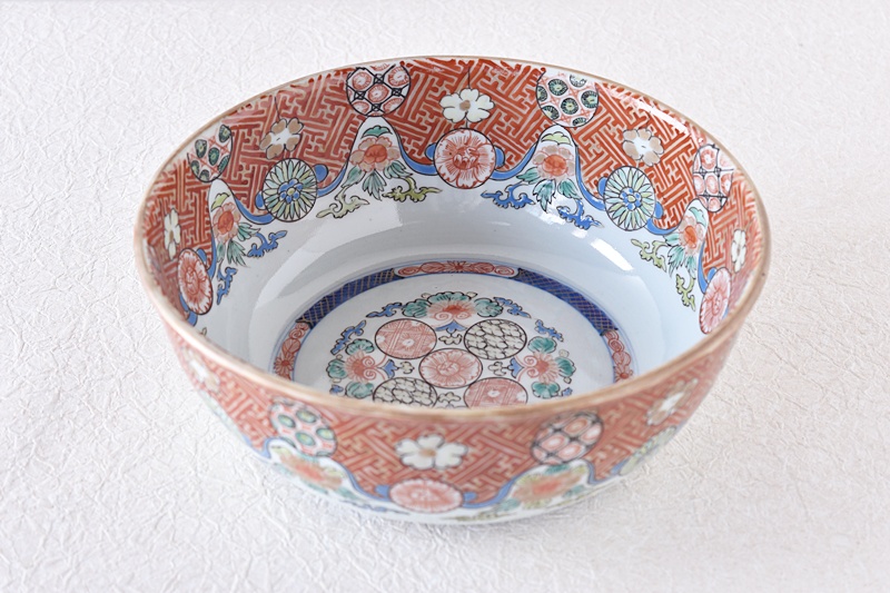 伊万里 色絵 赤絵 花と丸文 雷門繋ぎ 鉢 - 生活骨董と古布の