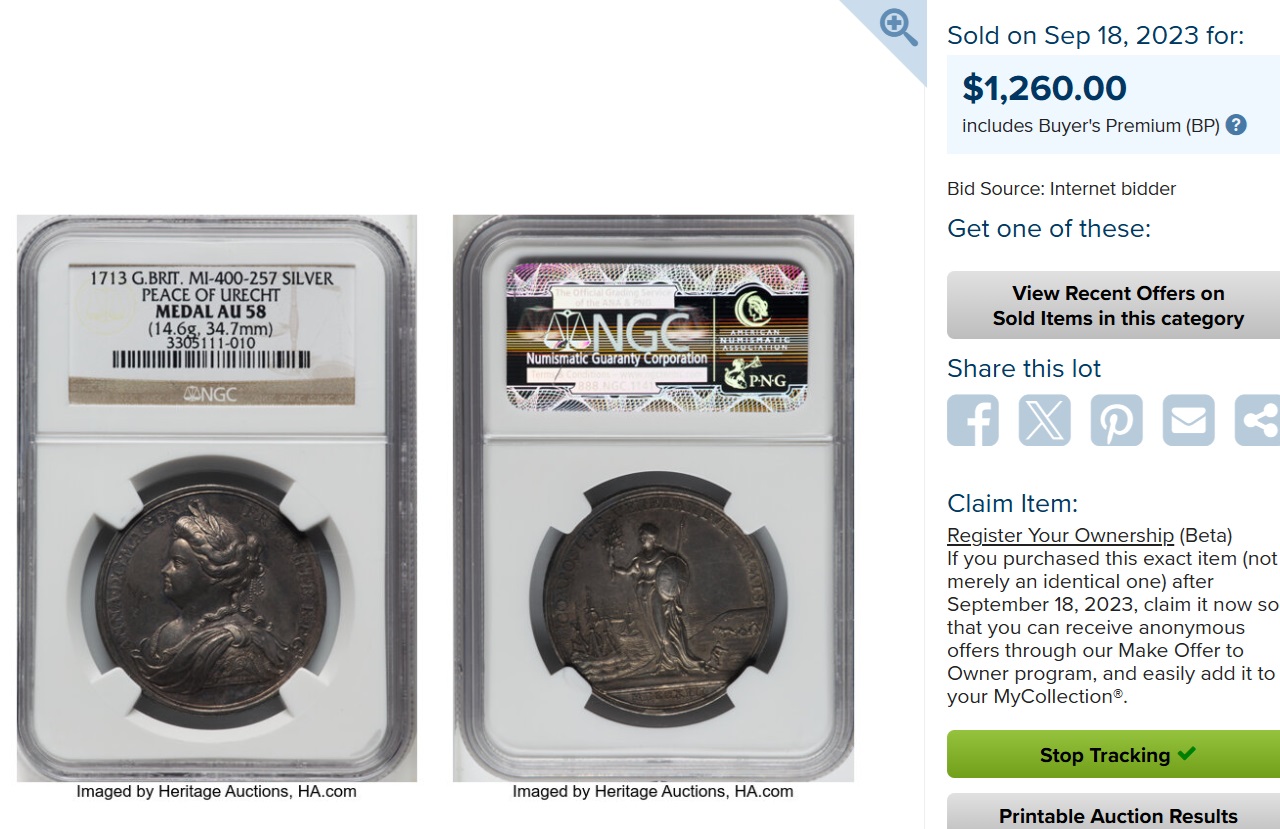 1713年アン女王シルバーメダル【MS62】 | アンティークコインプラネット