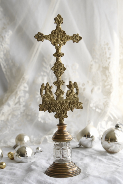 ガラス台の真鍮クロスオーナメント 天使 フランス アンティークス