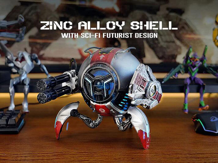 戦闘メカのような未来的デザインの球体型ワイヤレススピーカー