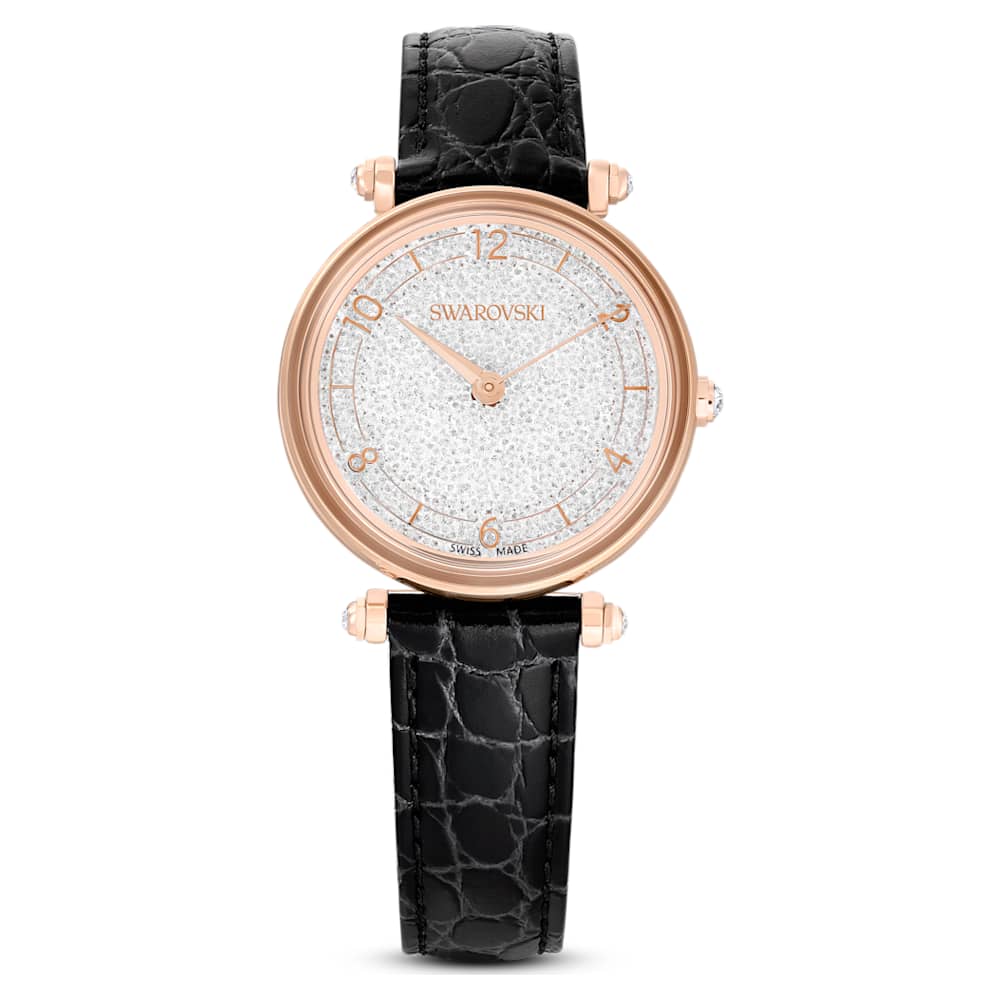 Crystalline wonder watch, Swiss Made, Leather strap, Black, Rose