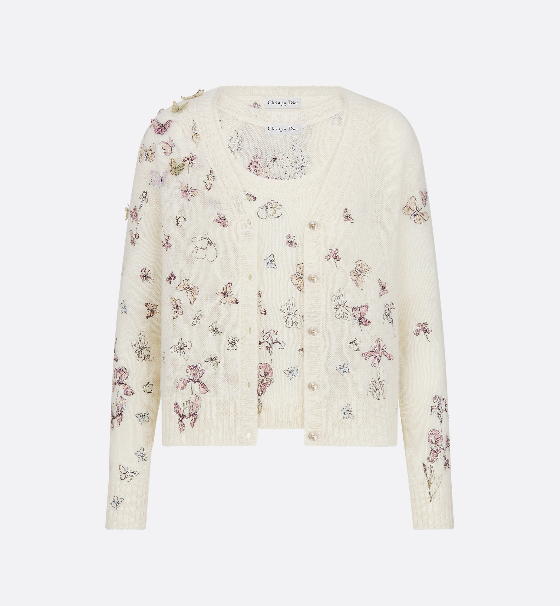 Embroidered Twinset White Alpaca, Cashmere and Silk Knit with