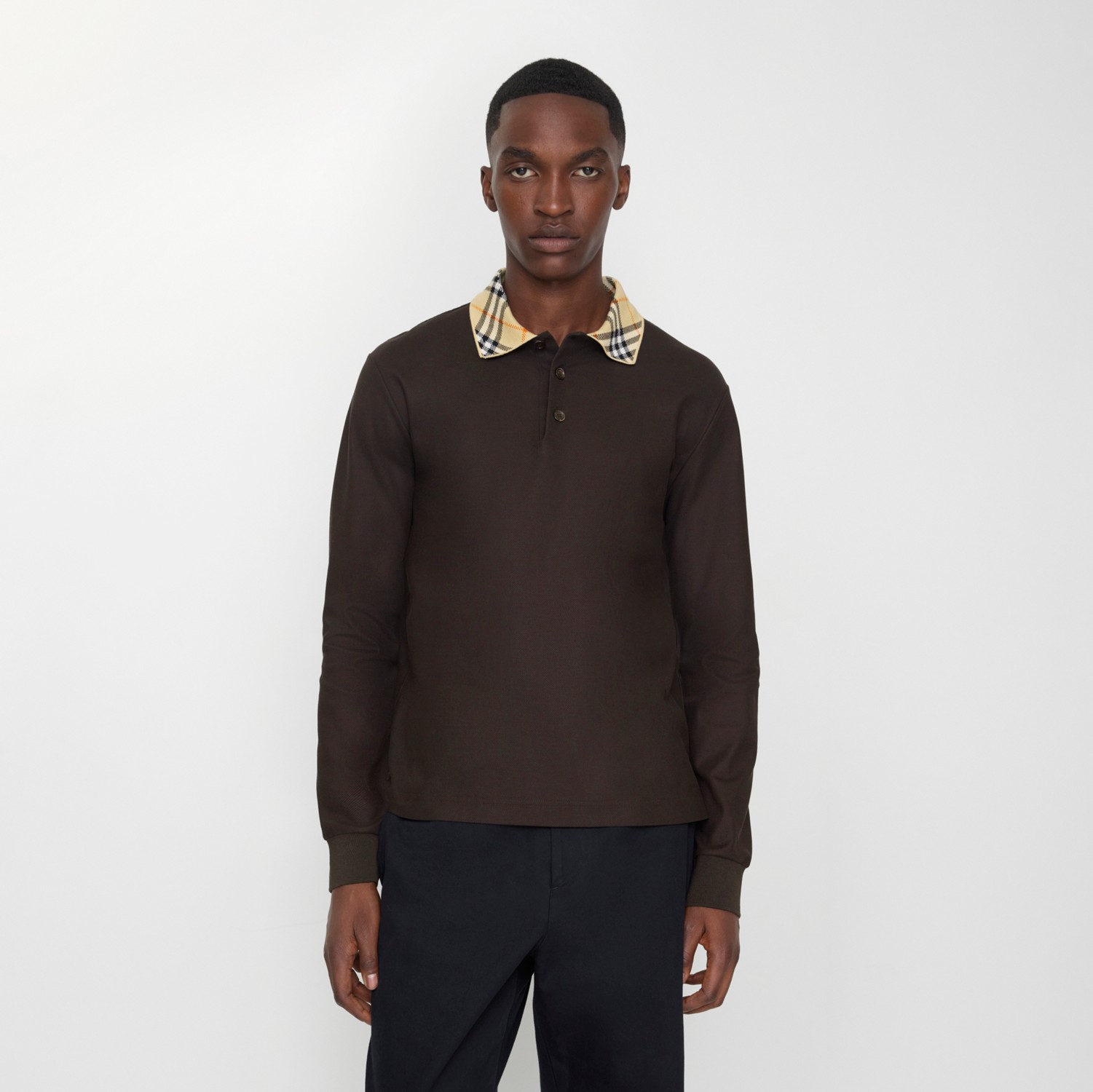 ロングスリーブ チェックカラー コットンポロシャツ (クローブブラウン