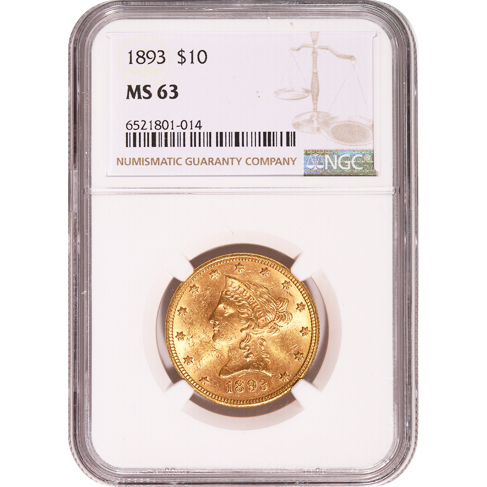 Certified $10 Gold Liberty 1893 MS63 NGC - Golden Eagle Coins