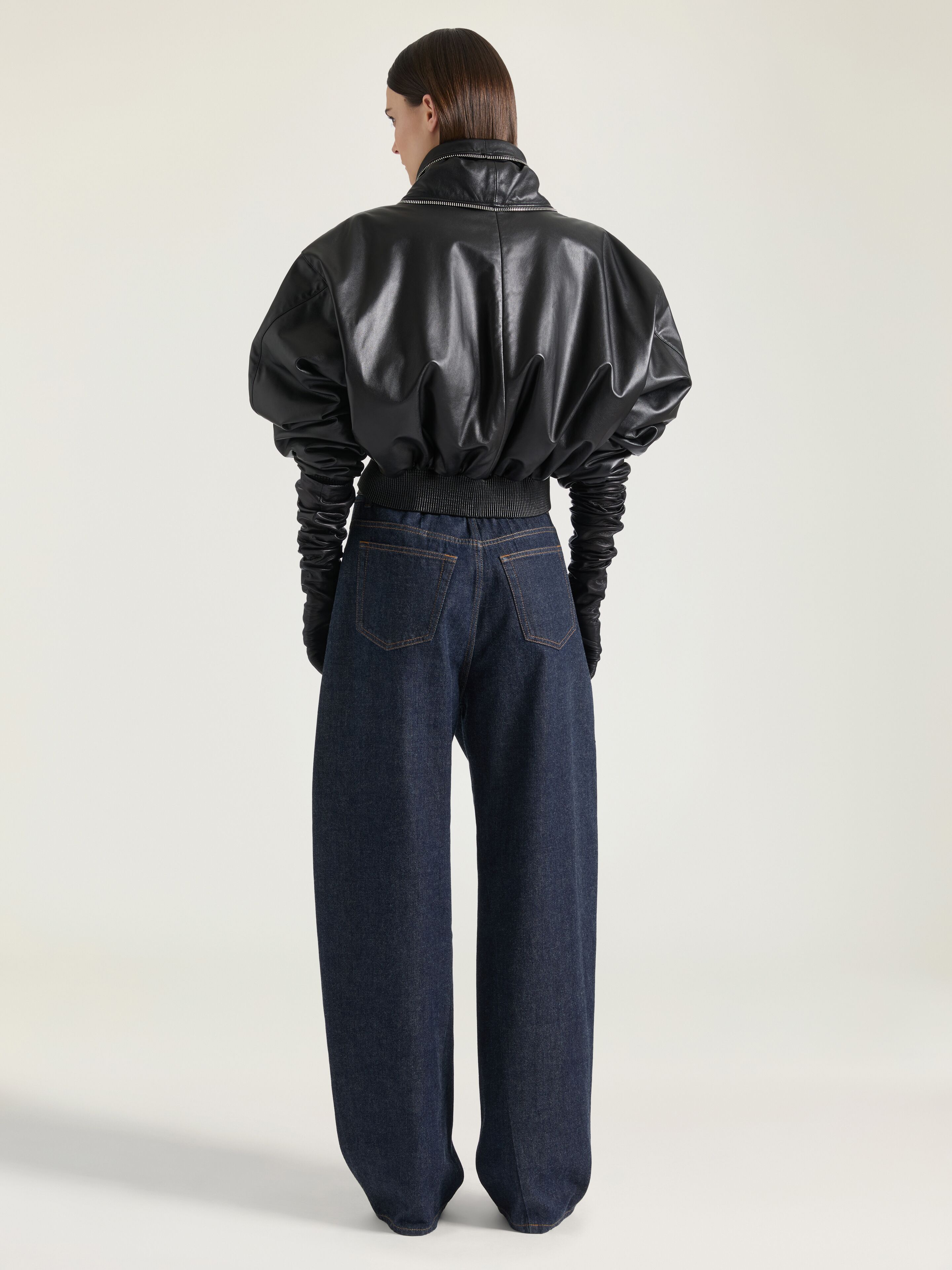 Bomber with zipped shawl collar in nappa leather - black in