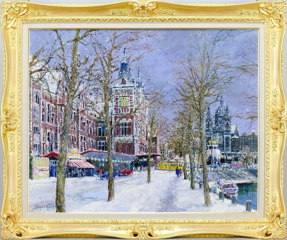 真作 小田切訓「塔のある運河」キャンバスに油彩 F4号 額装・タトウ箱