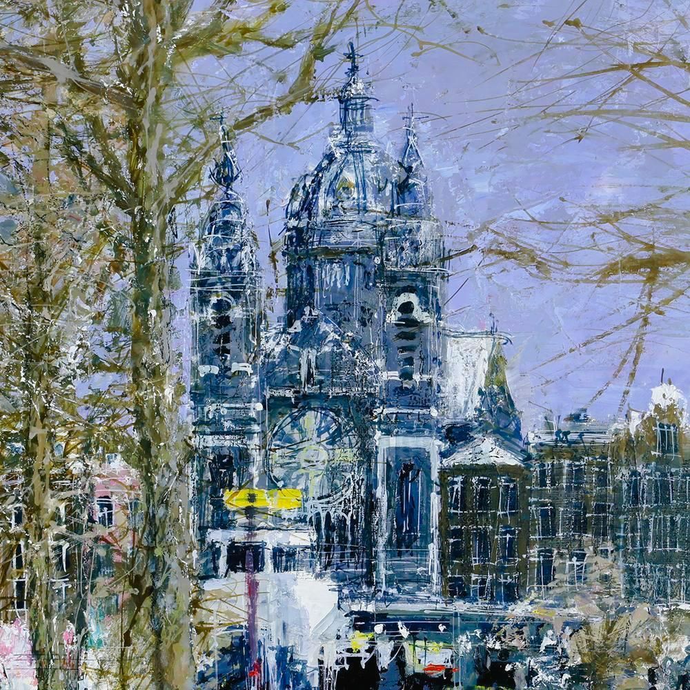 真作 小田切訓「塔のある運河」キャンバスに油彩 F4号 額装・タトウ箱