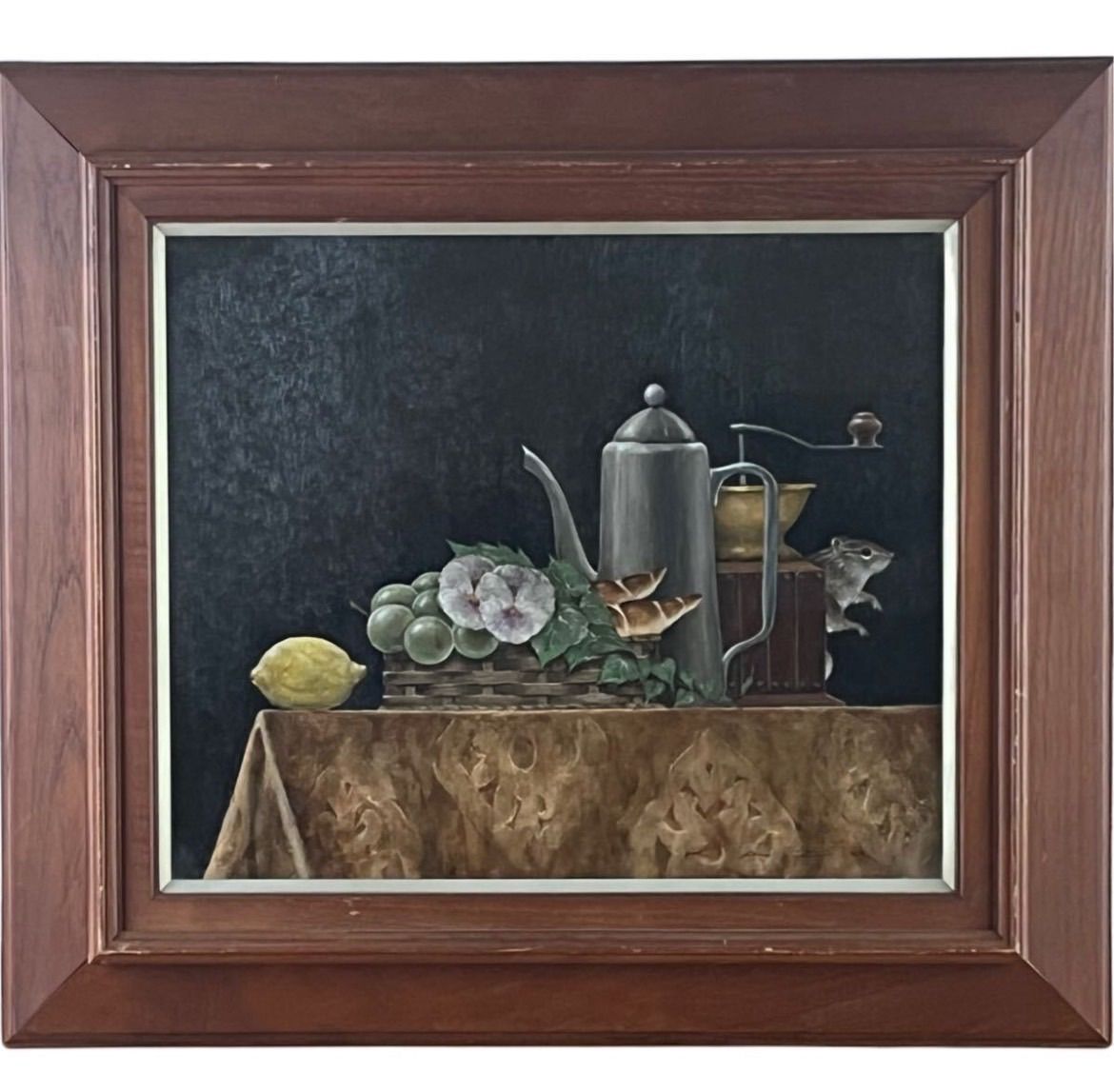 渡辺一夫 「リスのいる静物」油彩 8号 静物画 共シール 直筆サイン入り