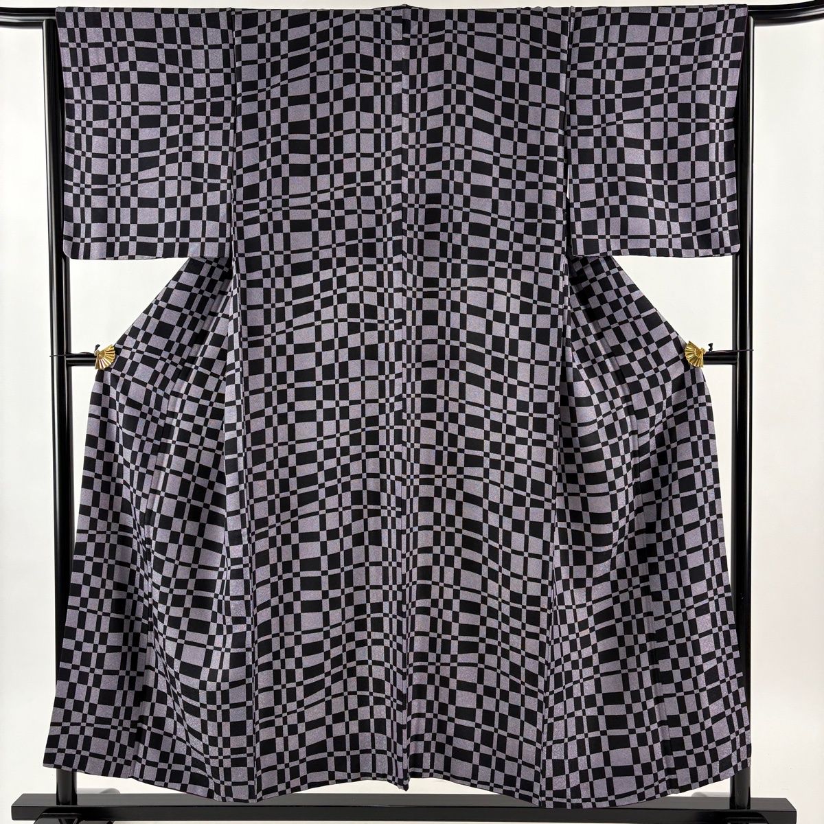 美品】 小紋 身丈153cm 裄丈64.5cm M 袷 変わり市松 鮫 紫 正絹 名品