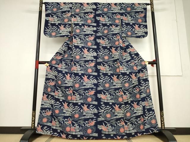 平和屋着物○浦野理一 型染 小紋 流水花鳥文 正絹 逸品 AABF2903ck