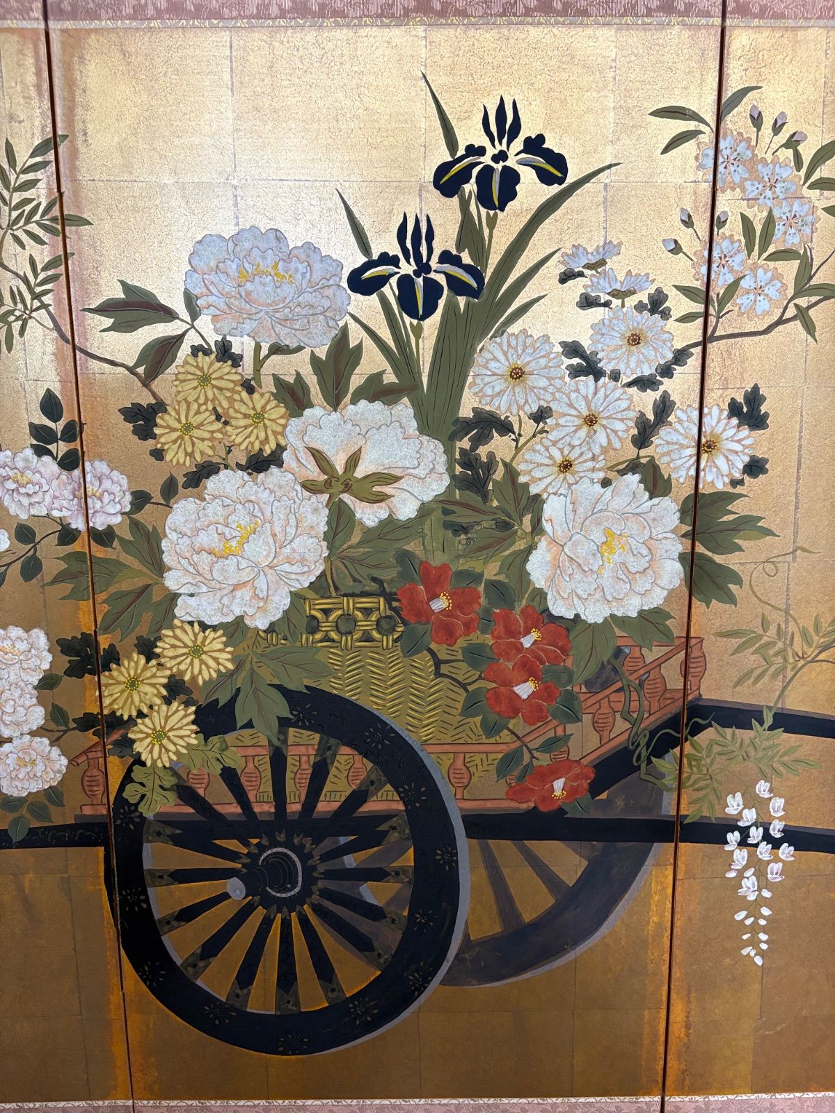 金屏風 六曲屏風 花車図（花柄・和風インテリア） - メルカリ