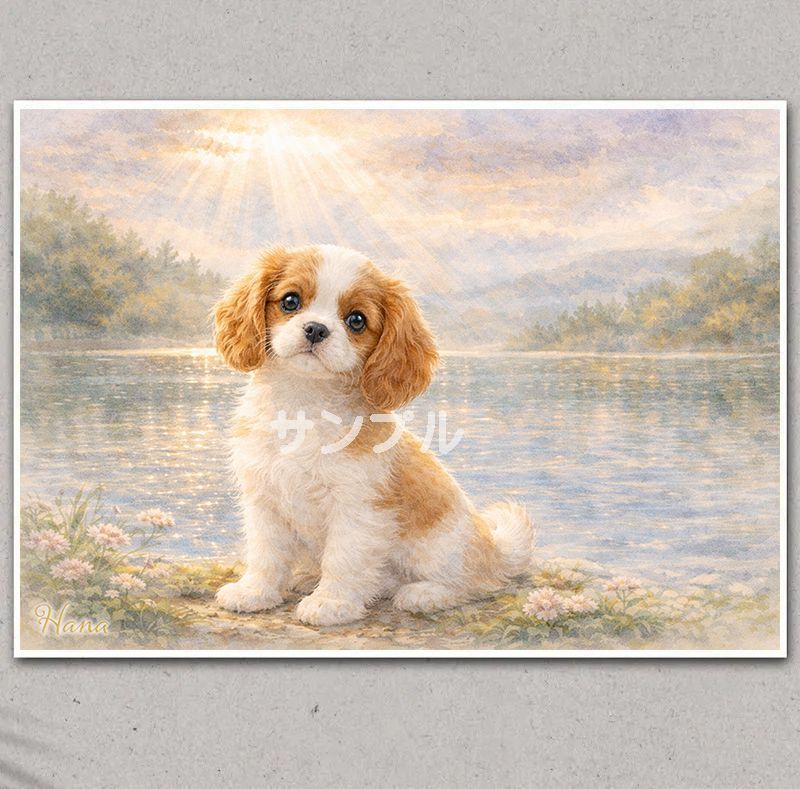 キャバリアのイラストポスター A4. 名入れ無料 きらめく湖畔と