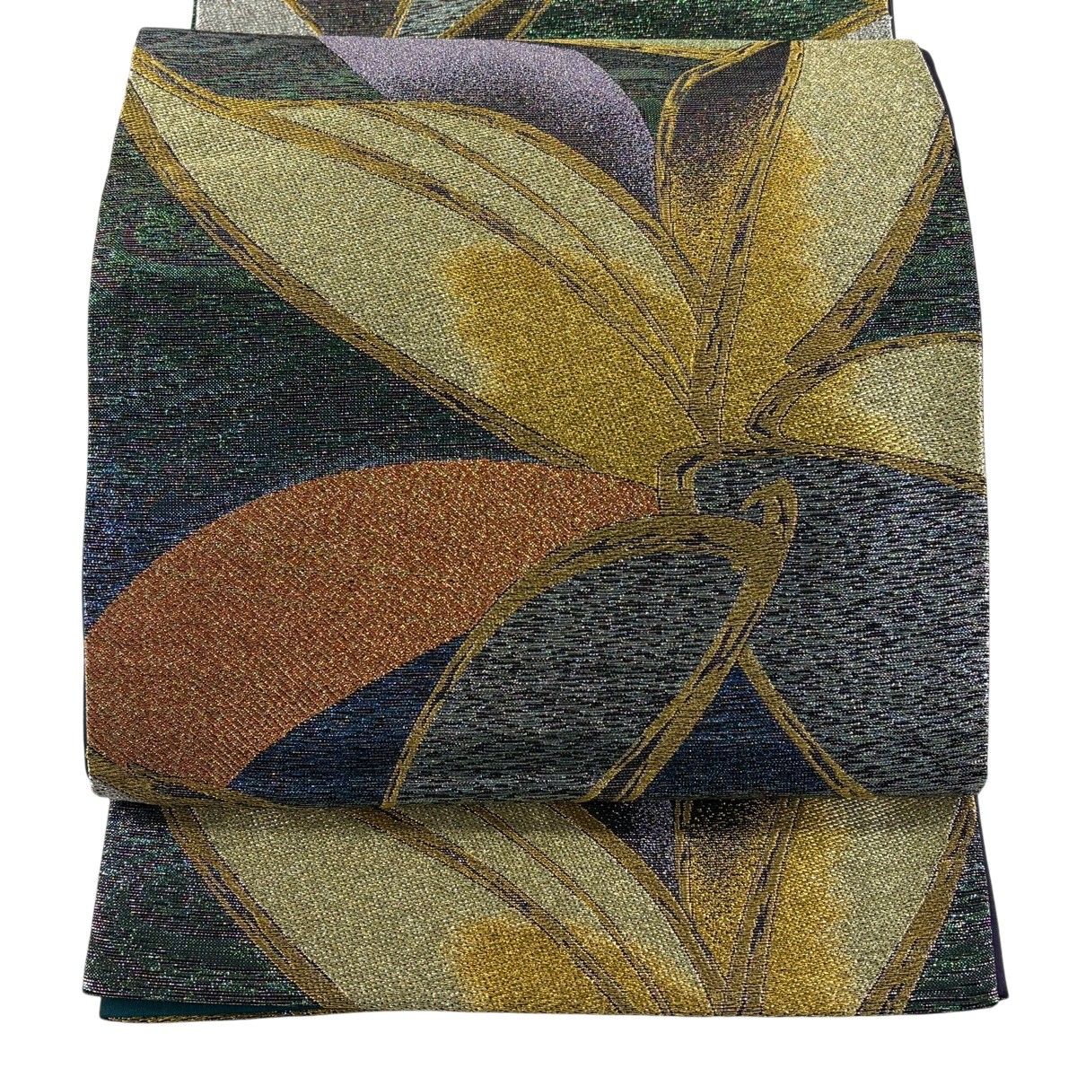 美品】 袋帯 秀品 煌彩架 振袖向き 草花 幾何学模様 箔 金銀糸 青緑 六