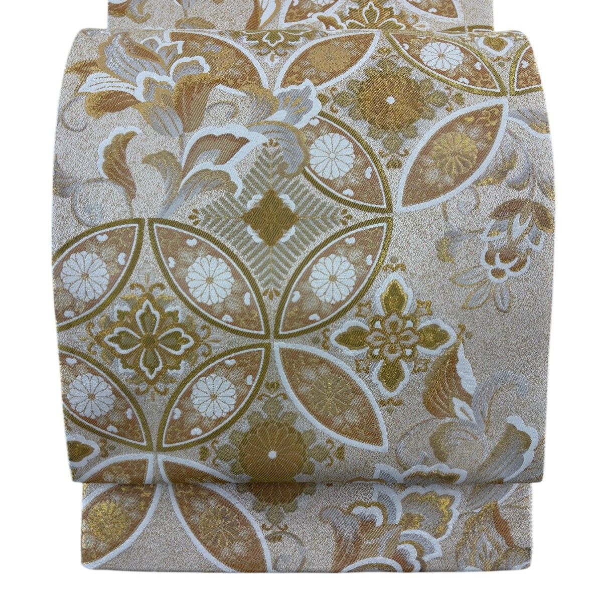 美品】 袋帯 秀品 七宝華文 草花 金銀糸 壽光織 金色 六通 正絹 【中古