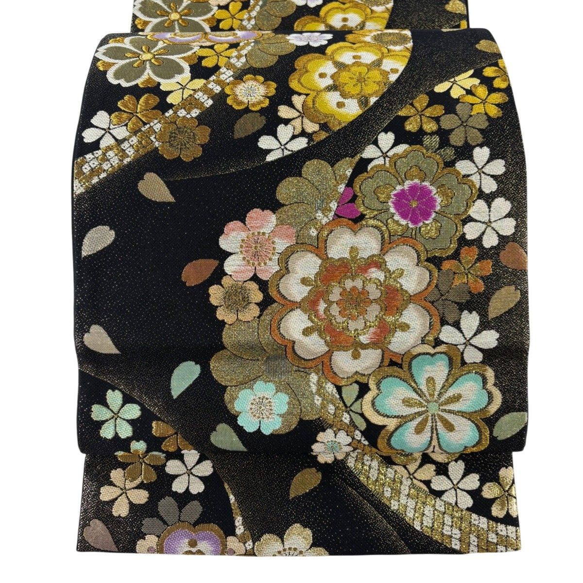 美品】 袋帯 秀品 桜 花弁 金糸 箔 黒 六通 正絹 【中古】 - メルカリ