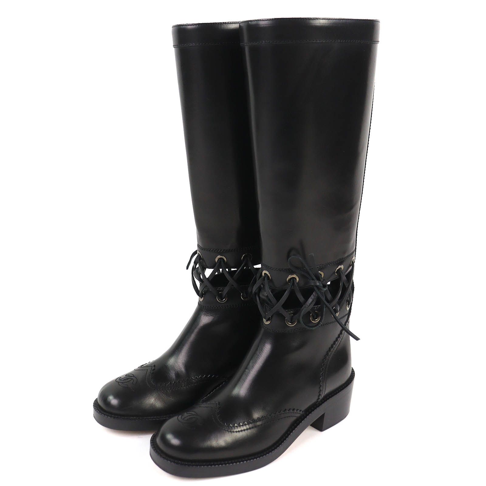 極美品△CHANEL シャネル G32251 ココマーク レースアップ切り替え