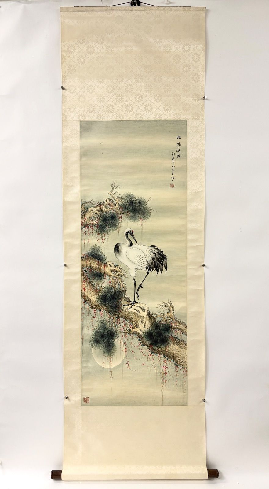 掛軸 M.142 戈湘嵐 松鶴遐齡の図 落款印あり ＃茶掛＃古美術 #骨董品