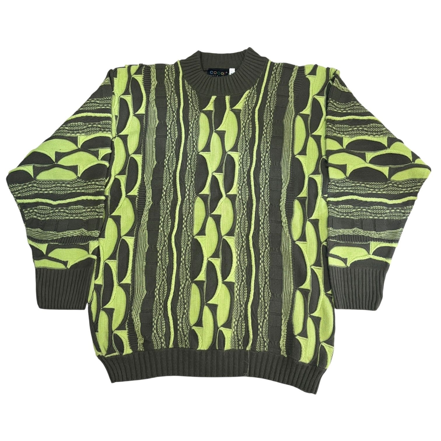 00s COOGI 3D Knit Sweater XXL 黄緑 チャコール クージー 立体ニット