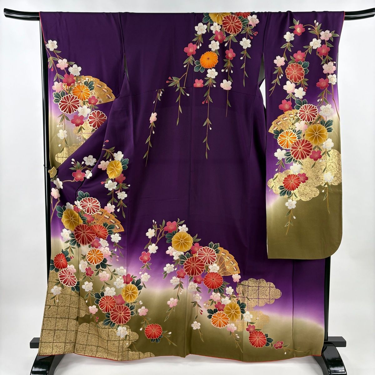 振袖 身丈167.5cm 裄丈69cm L 袷 檜扇 草花 金彩 ぼかし 濃紫 正絹 秀