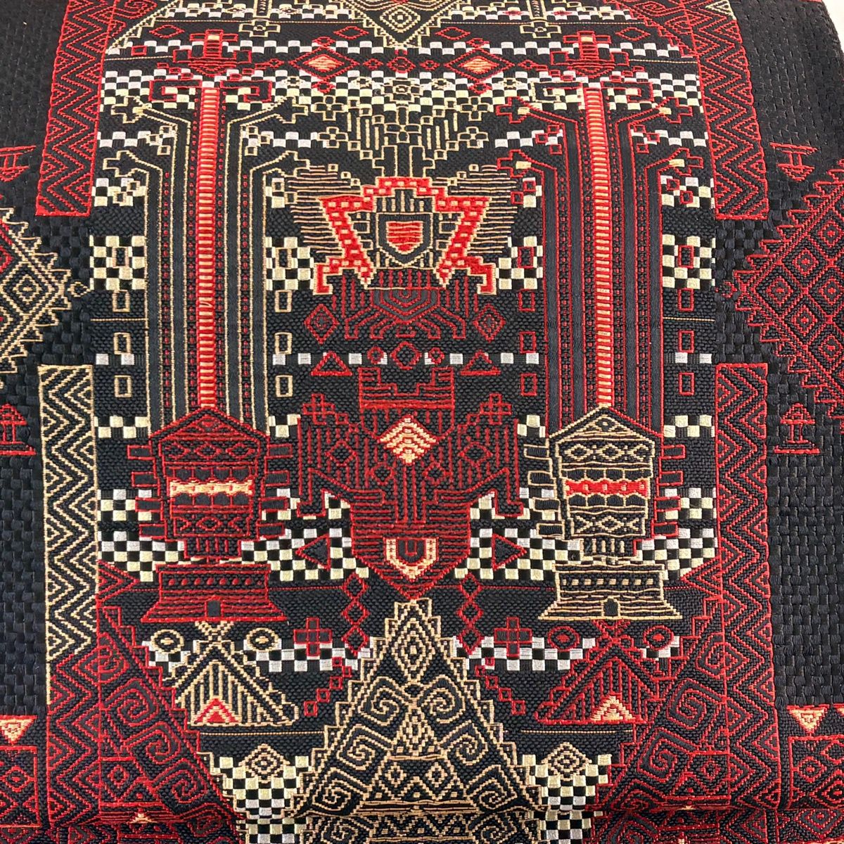 名古屋帯 優品 八寸名古屋帯 松葉仕立て 幾何学模様 金糸 黒 正絹