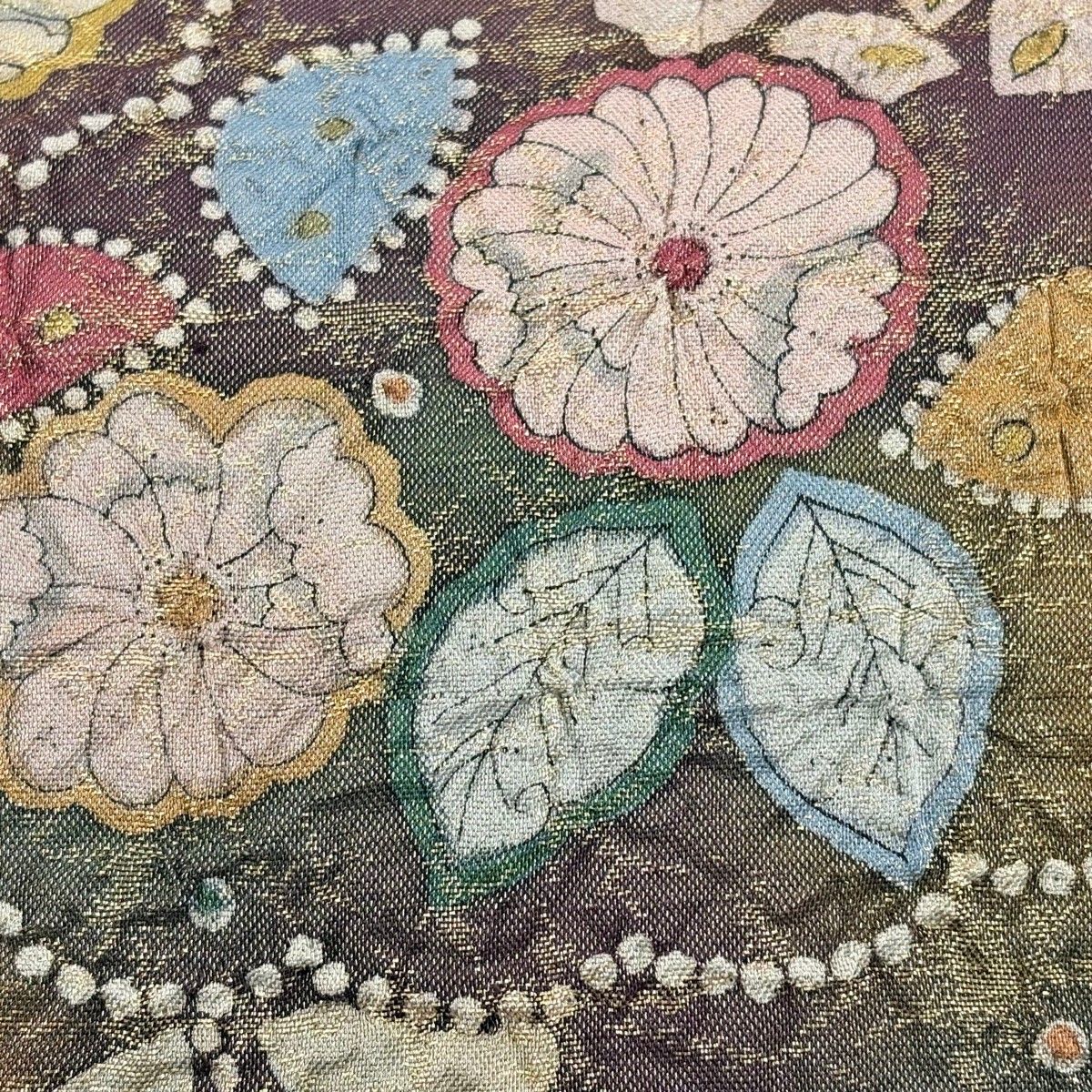 美品】 袋帯 秀品 落款 辻が花 雲文 箔 銀糸 灰緑 六通 正絹 【中古