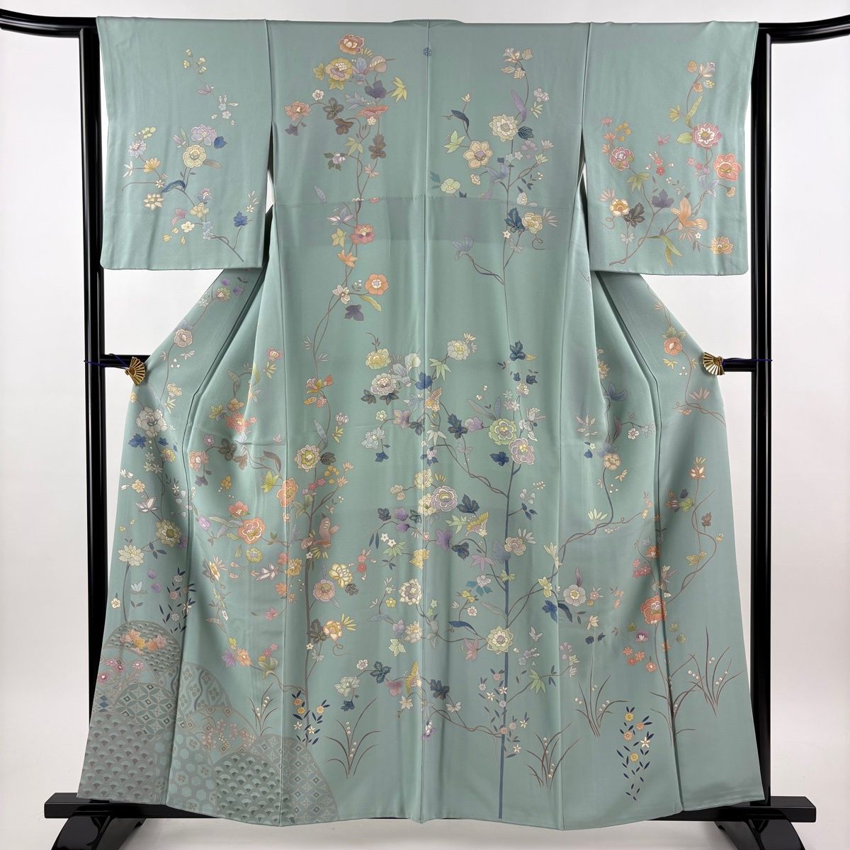 美品】 訪問着 身丈159cm 裄丈63cm S 袷 枝花 有職文様 薄緑 正絹 名品