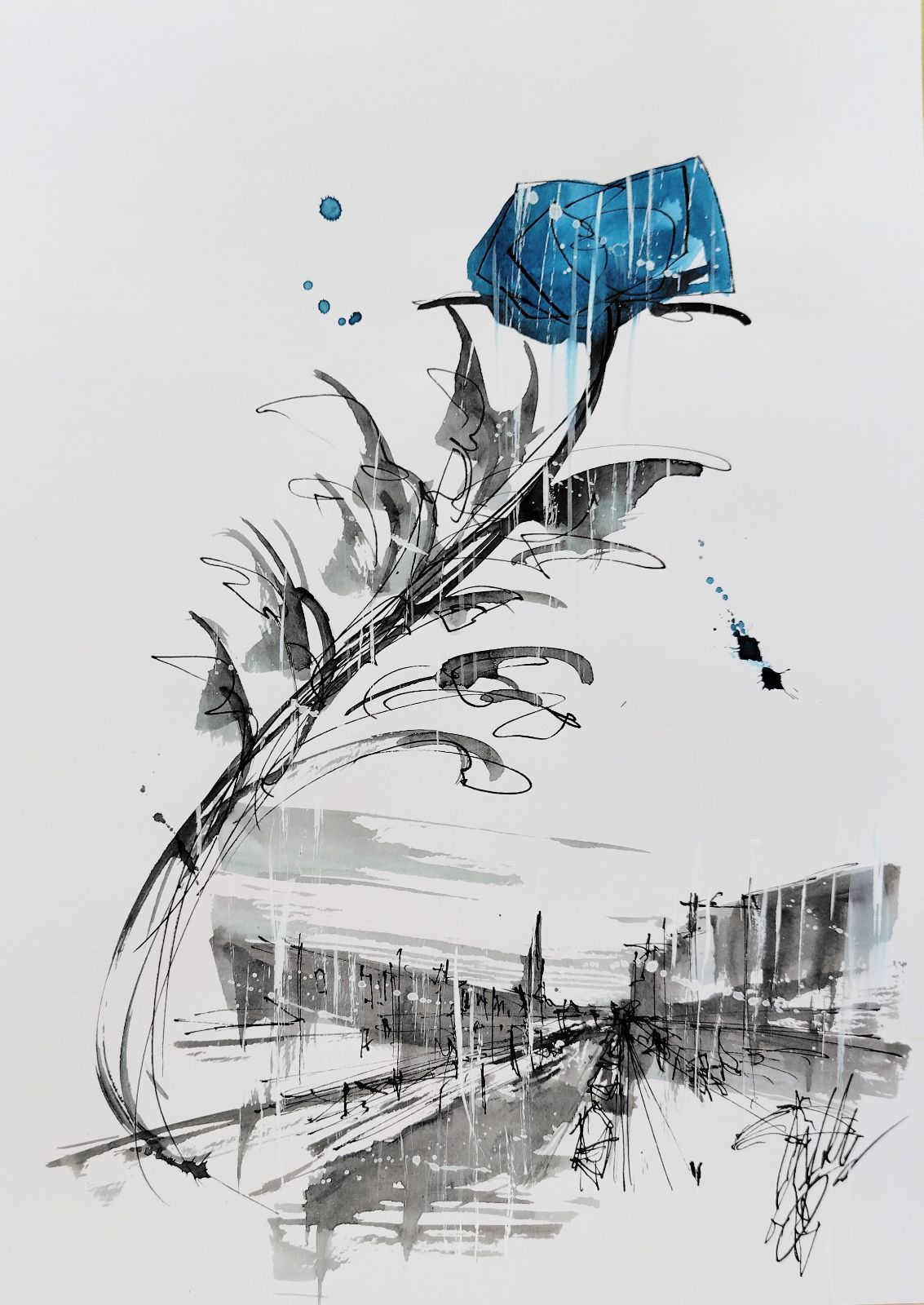 原画#380 薔薇 青 ベネチア 雨 花 絵 水彩画 ドローイング ヨーロッパ