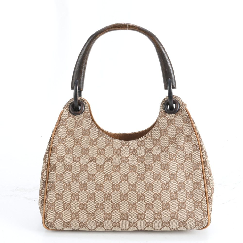 美品 グッチ GGキャンバス ウッド ハンドル 106495 レザー